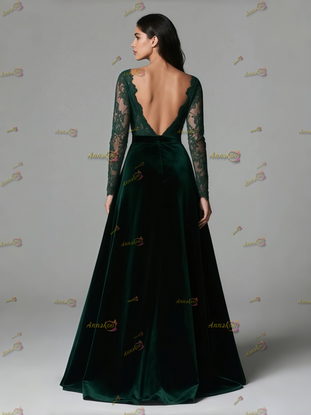 Shop 2025 ANNAKOO Green Lace Long Sleeve Deep V Neck A Line Velvet Prom Dress Under 159