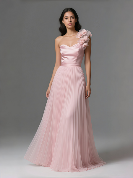 Shop 2025 ANNAKOO One Shoulder Flower Satin Chiffon Pleats Pink Prom Dress Under 159