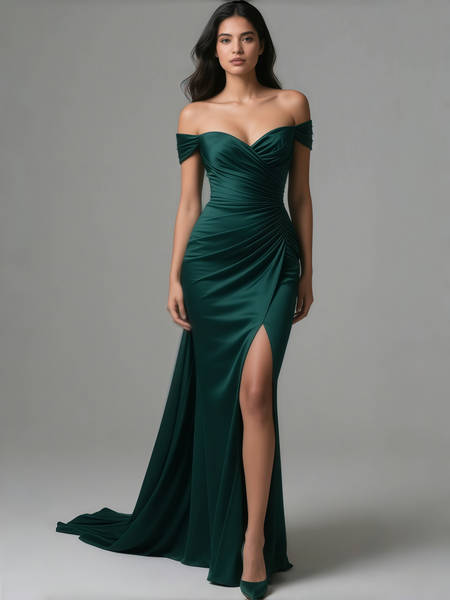 Shop 2025 ANNAKOO Dark Green Trumpet Mermaid Off The Shoulder Satin Prom Dress Under 139