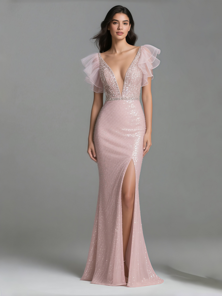 Shop 2025 ANNAKOO Pink Sequin V Neck Short Sleeve Trumpet Mermaid Prom Dress With Slit Under 298
