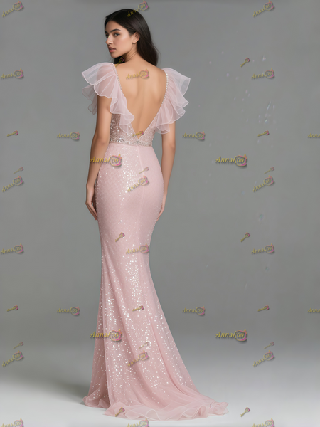 Shop 2025 ANNAKOO Pink Sequin V Neck Short Sleeve Trumpet Mermaid Prom Dress With Slit Under 298