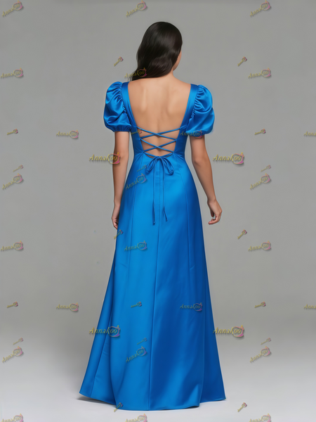 Shop 2025 ANNAKOO  Blue Puffy Sleeve Sweetheart A Line Satin Prom Dress With Slit Under 139