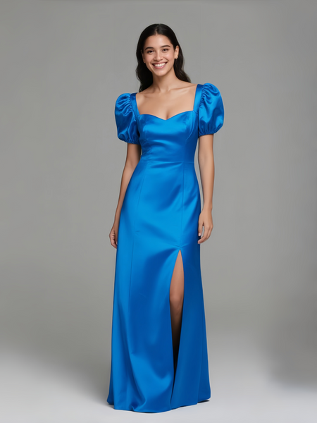 Shop 2025 ANNAKOO  Blue Puffy Sleeve Sweetheart A Line Satin Prom Dress With Slit Under 139