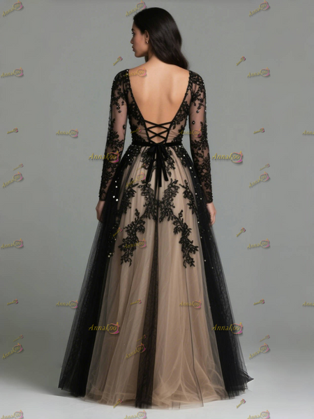 Shop 2025 ANNAKOO Black Long Sleeves Tulle Black Beading Wedding Dress Under 299