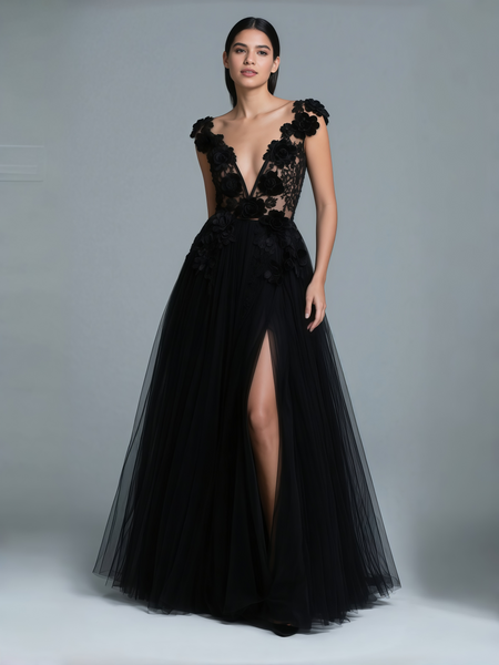 Shop 2025 ANNAKOO V Neck Black Tulle A Line Lace Flower Wedding Dress With Slit Under 287