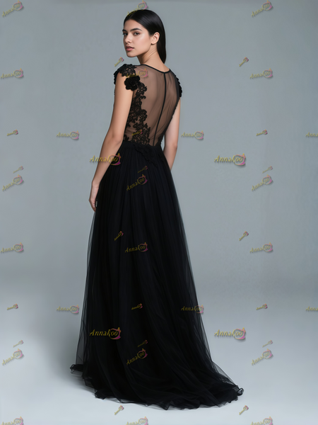 Shop 2025 ANNAKOO V Neck Black Tulle A Line Lace Flower Wedding Dress With Slit Under 287