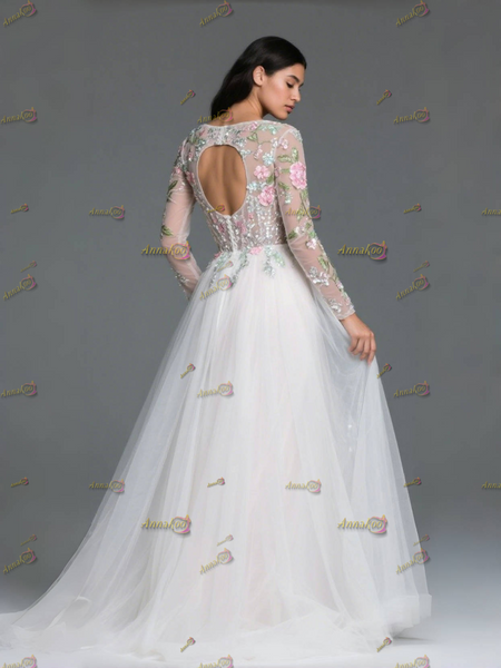 Shop 2025 ANNAKOO Flower Deep V Neck Lace Long Sleeve Tulle Wedding Dress Under 229