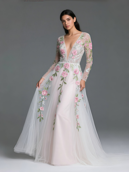 Shop 2025 ANNAKOO Flower Deep V Neck Lace Long Sleeve Tulle Wedding Dress Under 229