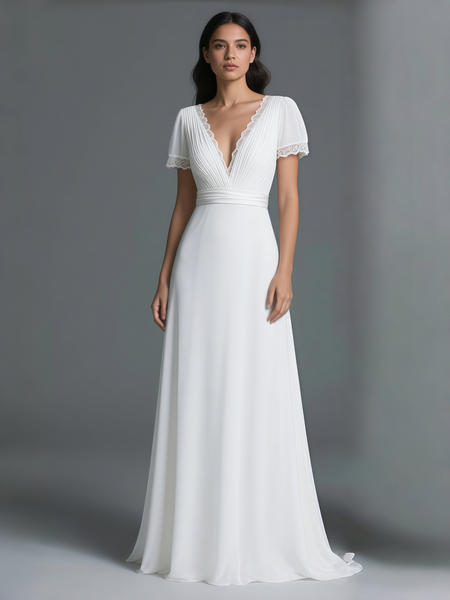 Shop 2025 ANNAKOO Short Sleeve V Neck Chiffon A Line Wedding Dress Under 167