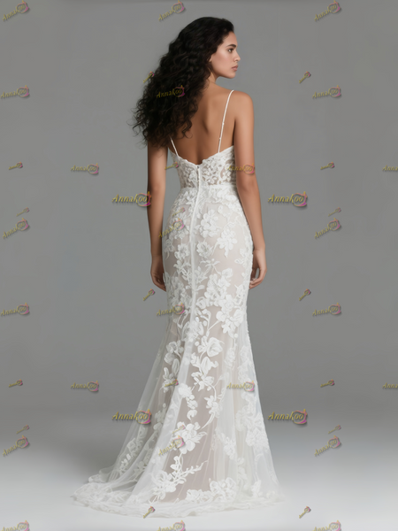Shop 2025 ANNAKOO Spaghetti Straps V Neck Lace Trumpet Mermaid Wedding Dress Under 199