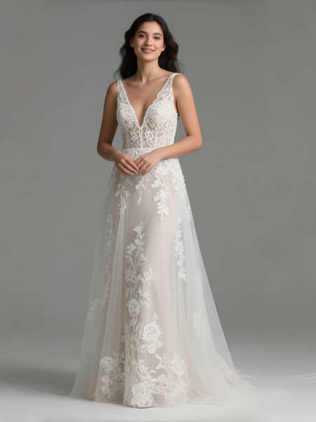 Shop 2025 V Neck Backless A Line Lace Tulle Wedding Dress Under 189