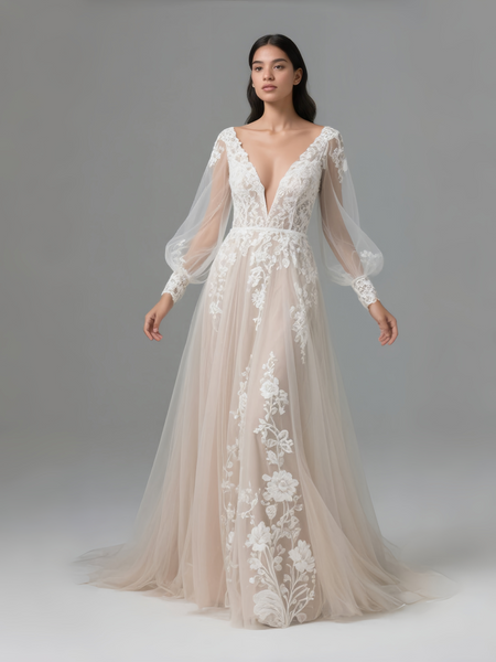 Shop 2025 ANNAKOO Deep V Neck Champagne Long Sleeve Tulle Wedding Dress Under 189