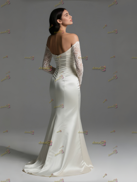 Shop 2025 ANNAKOO Lace Long Sleeve Off The Shoulder Satin Ruched Mermaid Wedding Dress Under 189