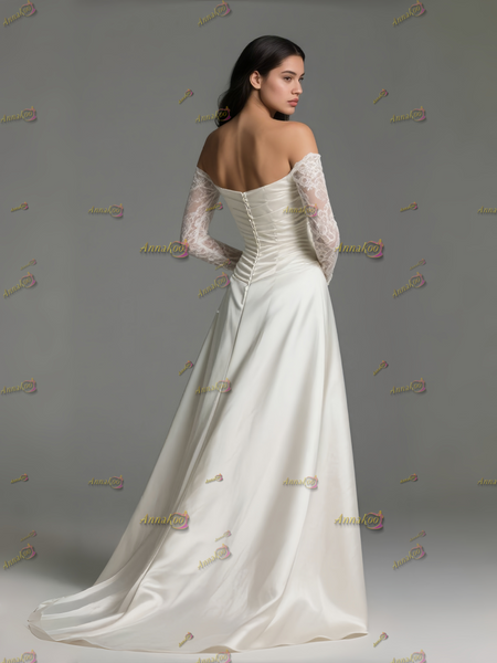 Lace Long Sleeve Off The Shoulder A Line Satin Wedding Dress