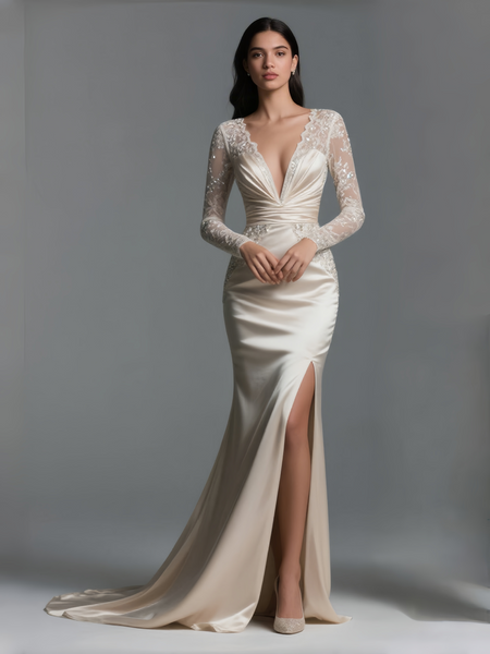 Shop 2025 ANNAKOO Long Sleeve Champagne Satin Lace Prom Dress With Slit Under 178