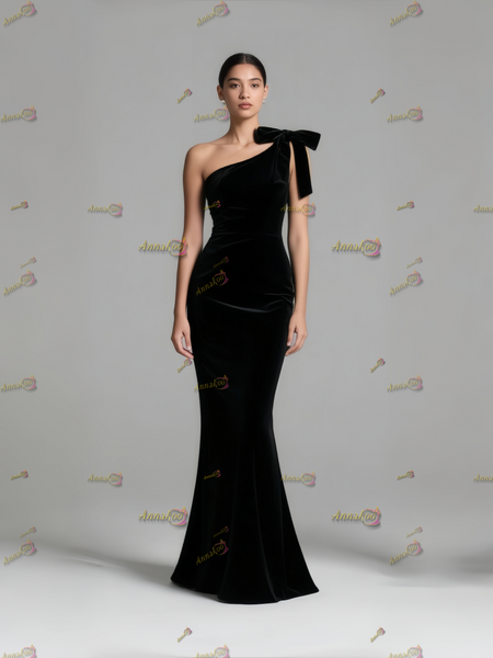 Shop 2025 ANNAKOO Black One Shoulder Velvet Trumpet Mermaid Prom Dress Under 139