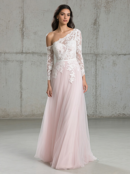 Shop 2025 ANNAKOO Blush Pink One Shoulder Lace Long Sleeve Wedding Dress Under 169
