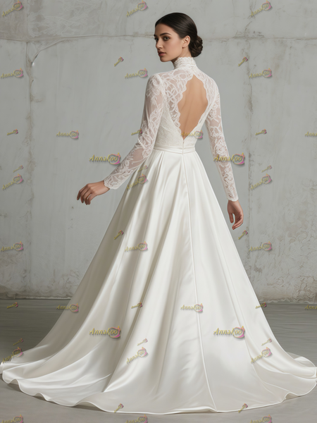 Shop 2025 ANNAKOO High Neck Satin Long Sleeve Keyhole Backless Wedding Dress Under 178
