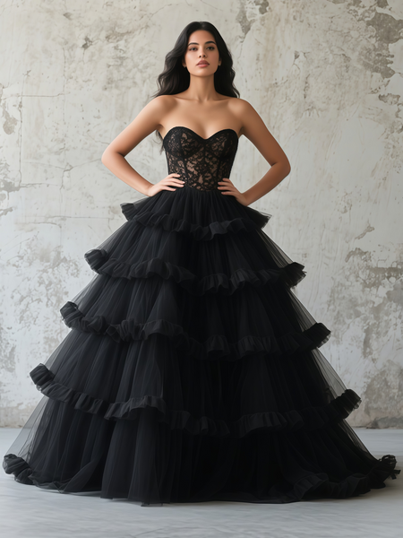 Shop 2025 ANNAKOO Black Lace Sweetheart Sheer Ball Gown Ruffles Prom Dress Under 289