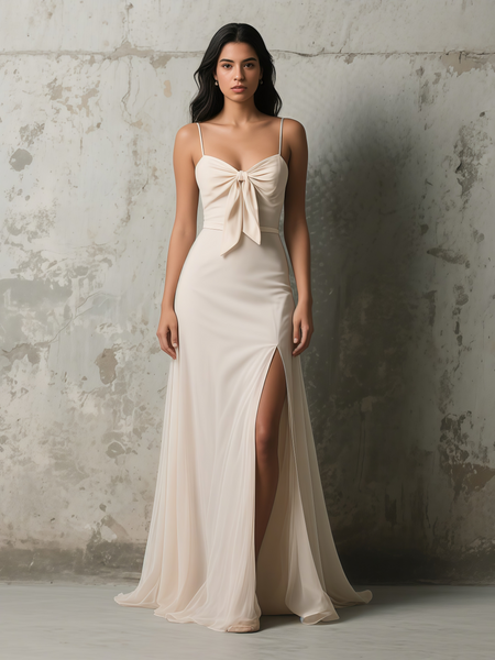 Shop 2025 ANNAKOO Ivory Chiffon A Line Spaghetti Straps Bow Prom Dress With Slit Under 119