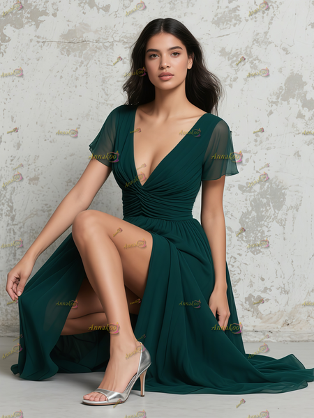 Shop 2025 ANNAKOO Cap Sleeve A Line Green Chiffon V Neck Bridesmaid Dress Under 95