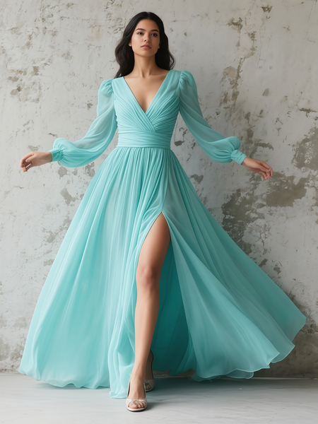 Shop 2025 ANNAKOO Chiffon Long Sleeve A Line V Neck Bridesmaid Dress With Slit Under 95