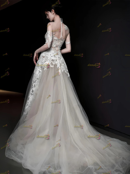 Shop 2025 ANNAKOO Beige Long Sleeve Sheer Lace A Line Wedding Dress Under 178