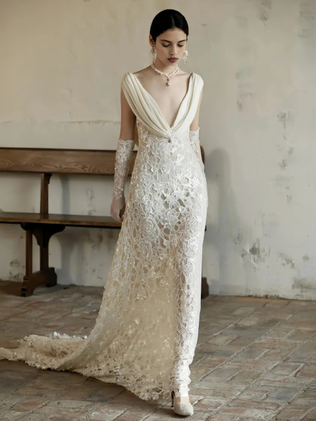 Shop 2025 Annakoo Lace V Neck Trumpet Mermaid Sexy Wedding Dress With Gloves Under 198