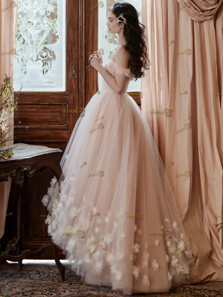 Shop 2025 ANNAKOO Pink Off The Shoulder Tulle Flower Wedding Dress Under 168
