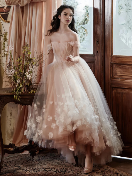 Shop 2025 ANNAKOO Pink Off The Shoulder Tulle Flower Wedding Dress Under 168