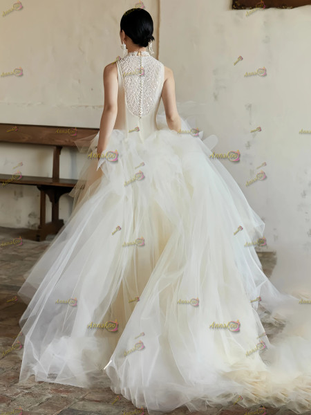 Shop 2025 ANNAKOO High Neck Tulle A Line Beading Ruffles Wedding Dress Under 399