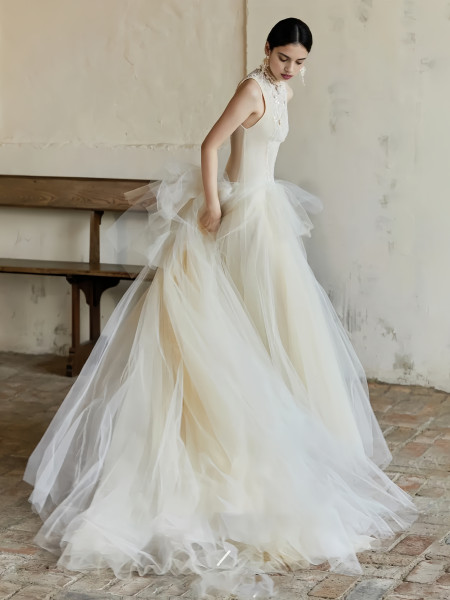 Shop 2025 ANNAKOO High Neck Tulle A Line Beading Ruffles Wedding Dress Under 399