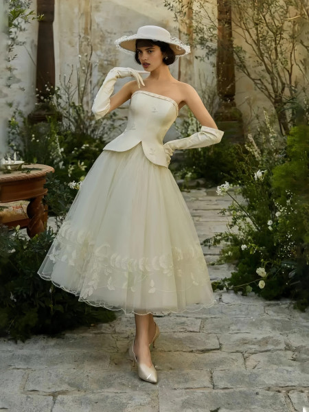 Shop 2025 ANNAKOO Satin Strapless Tea Length Appliques Wedding Dress Under 189