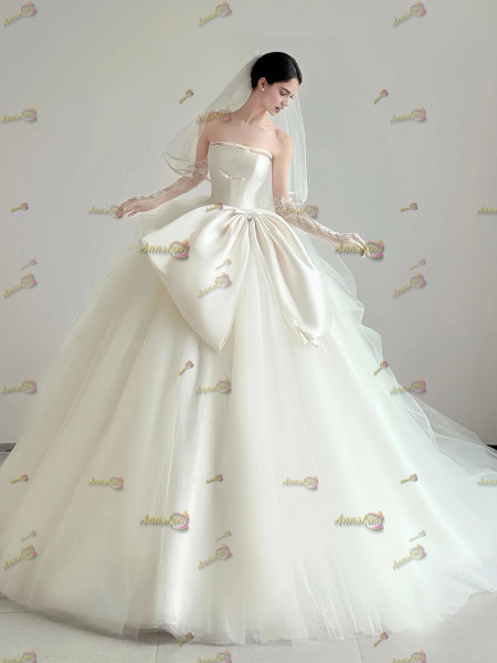 Shop 2025 ANNAKOO Ball Gown Satin Strapless Bow Tulle Wedding Dress Under 198