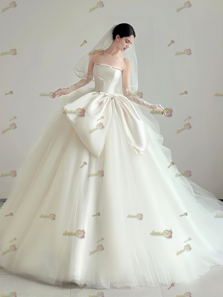 Shop 2025 ANNAKOO Ball Gown Satin Strapless Bow Tulle Wedding Dress Under 198