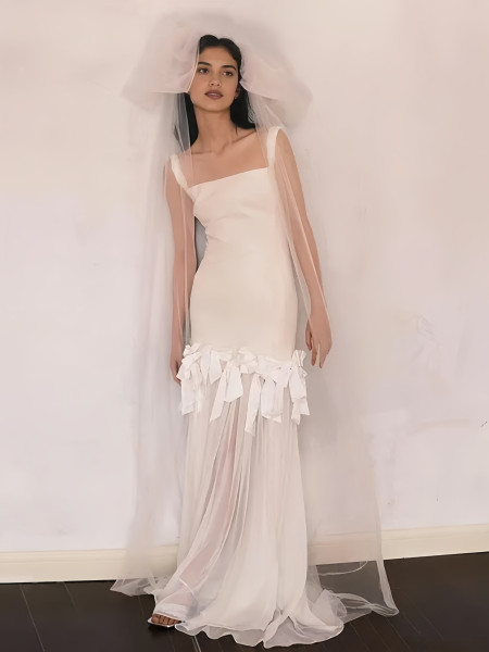 Shop 2025 ANNAKOO Column Sheath Straps Square Bow Tulle Wedding Dress Under 167