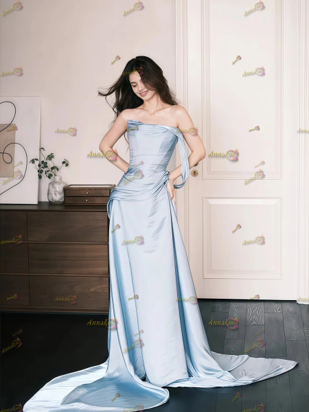 Shop 2025 ANNAKOO Light Blue Elastic Satin A Line Strapless Prom Dress Under 119