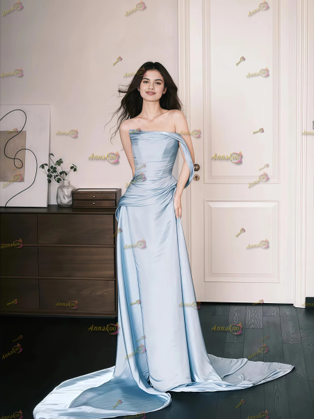 Shop 2025 ANNAKOO Light Blue Elastic Satin A Line Strapless Prom Dress Under 119