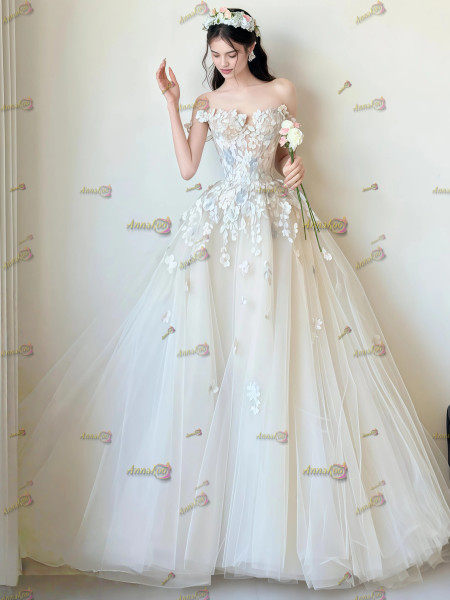 Shop 2025 ANNAKOO A Line Off The Shoulder Tulle Flower Appliques Wedding Dress Under 228
