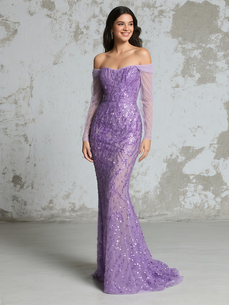 Shop 2025 ANNAKOO Purple Off The Shoulder Long Sleeve Sequin Prom Dress Under 199