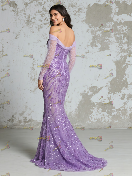 Shop 2025 ANNAKOO Purple Off The Shoulder Long Sleeve Sequin Prom Dress Under 199