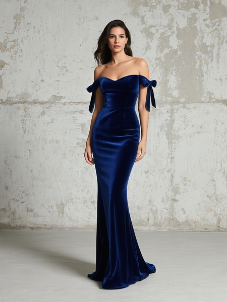 Shop 2025 ANNAKOO Velvet Trumpet Mermaid Navy Tie Shoulder Prom Dress Under 126