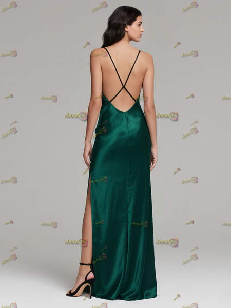 Shop 2025 ANNAKOO Mermaid Satin Spaghetti Straps A Line Prom Dress With Slit Under 95