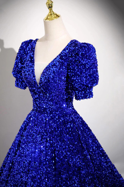 Shop 2025 ANNAKOO Royal Blue Sequin V Neck Puffy Sleeve Prom Dress Under 169