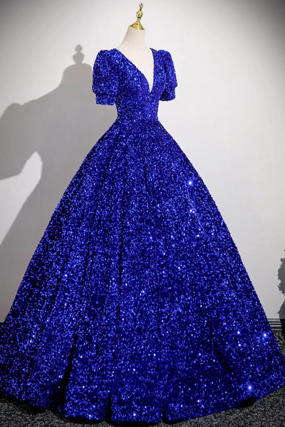 Shop 2025 ANNAKOO Royal Blue Sequin V Neck Puffy Sleeve Prom Dress Under 169