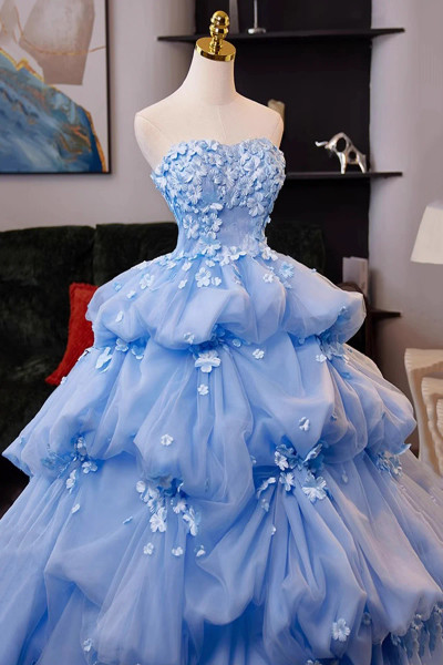 Blue Off The Shoulder Ruffles Tulle Flower Prom Dress