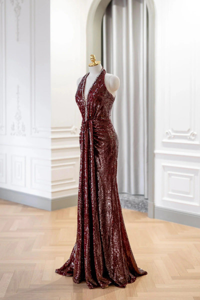 Shop 2025 Annakoo Halter Burgundy A Line Sequin Beading Prom Dress Under 148