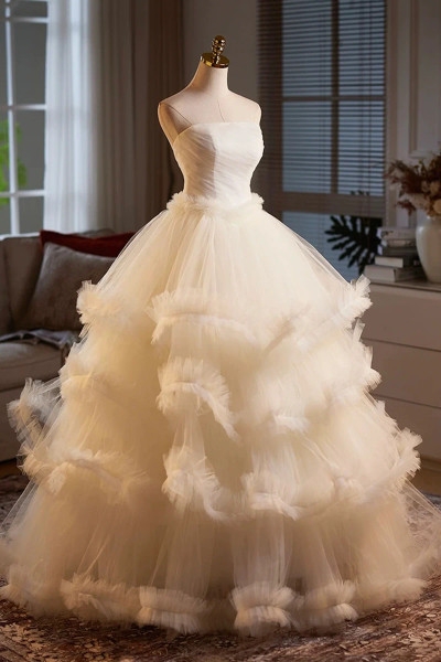 Shop 2025 ANNAKOO Champagne Tulle Ruffles A Line Sweetheart Prom Dress Under 178