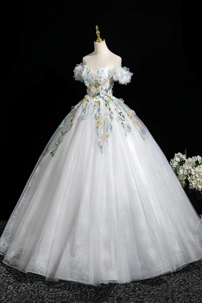 Shop 2025 ANNAKOO Off The Shoulder White Floral Tulle Prom Dress Under 179