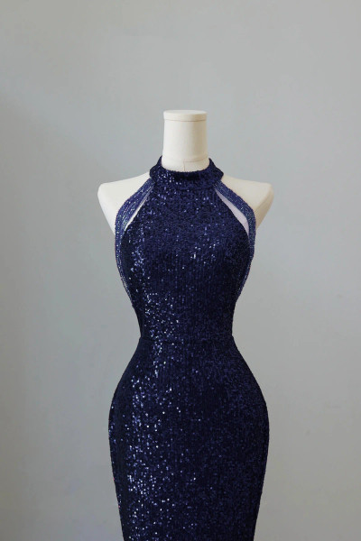 Shop 2025 ANNAKOO Navy Blue High Neck Sequin Trumpet Mermaid Prom Dress Under 139